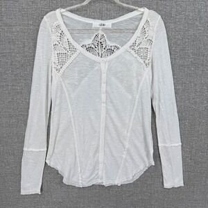 Able Henley Top Womens Medium White Crochet Lace Long Sleeve Lightweight Boho